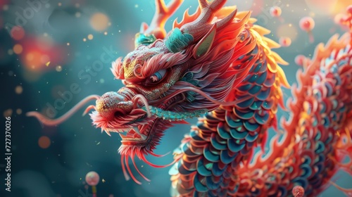 Wallpaper background for Chinese New Year featuring traditional oriental ornaments, vibrant dragon, and rich red colors. © Matthew