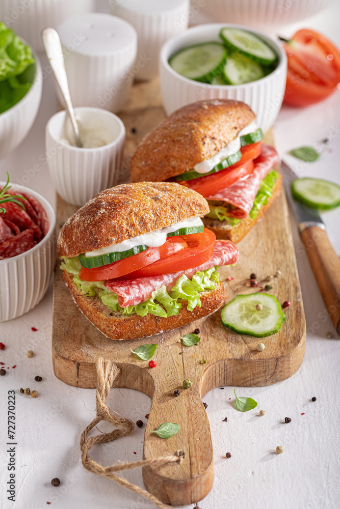 Tasty and spicy sandwich made of vegetables and salami.