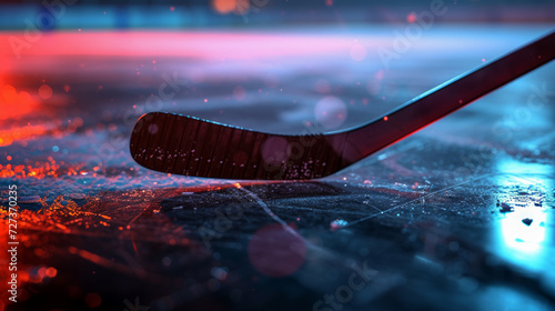 A hockey stick on ice, rink of sport arena photo
