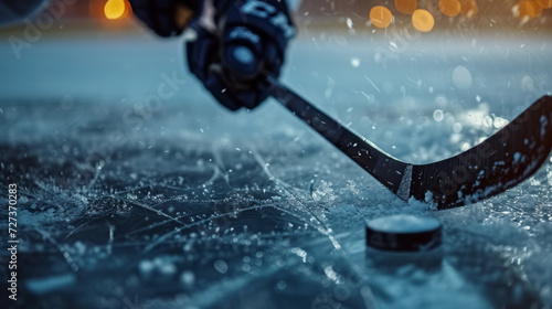 A hockey stick on ice, rink of sport arena photo