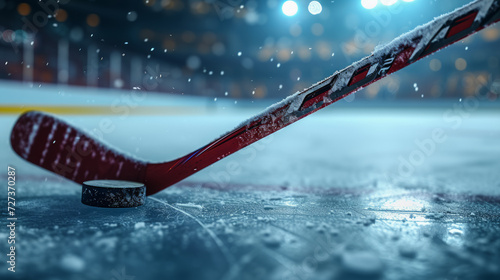 A hockey stick on ice, rink of sport arena photo