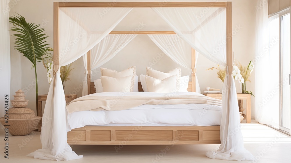 Opt for a whitewashed or light wood bed frame, complemented by crisp white linens and a light, flowing canopy for a breezy feelar Opt for a whitewashed or light wood bed frame, complemented by crisp white linens and a light, flowing canopy for a breezy feelar