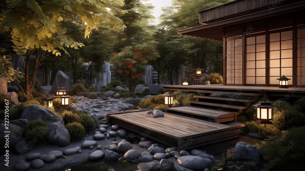 Opt for gravel pathways, Japanese lanterns, and bamboo fencing to enhance the Zen garden aesthetic, promoting a sense of calm and balancear
