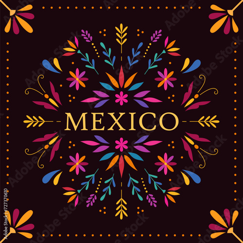 Festive colorful banner, card, invitation in Mexican Otomi embroidery style with floral and floral pattern.
