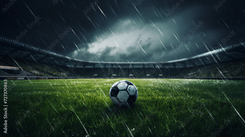 Dramatic shot of a soccer field with green grass - obrazy, fototapety, plakaty 