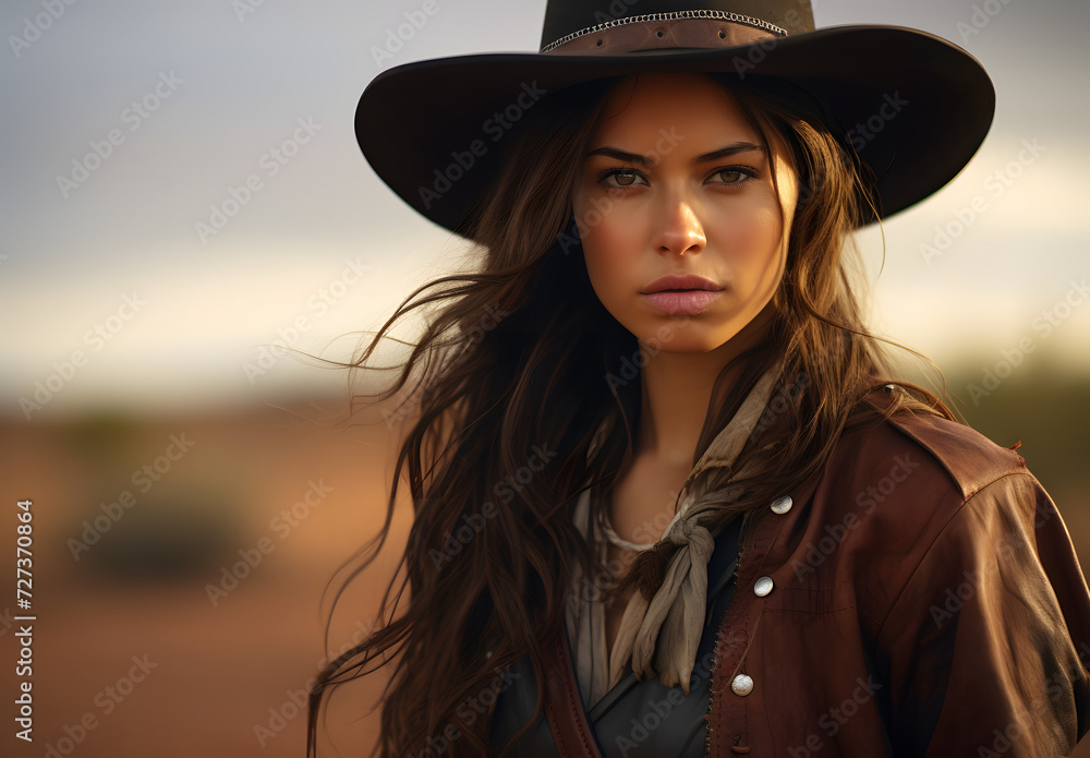 Portrait of a woman in the wild west in a cowboy outfit Portrait of a woman in the wild west in a cowboy outfit