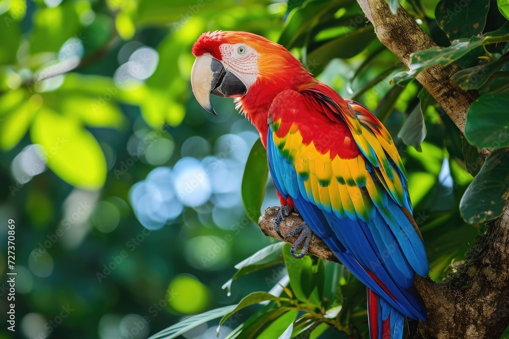 A vibrant parrot with colorful feathers perches on a branch in a natural setting, A colorful parrot perched on a tropical tree, AI Generated