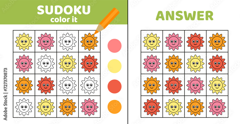 Sudoku. Sun. Coloring sudoku with sun. Cartoon Sudoku. Sun. Coloring sudoku with sun. Cartoon