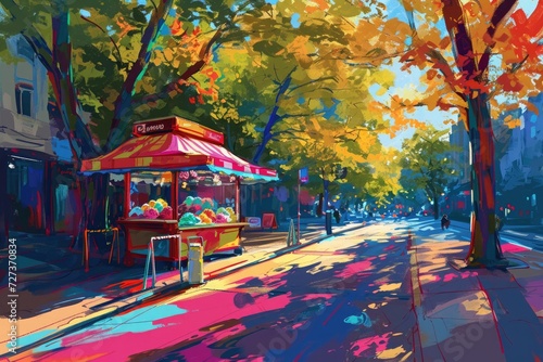 The painting depicts a lively street scene, featuring a street vendor and various activities taking place on the street, A colorful ice cream stand on a sunlit boulevard, AI Generated