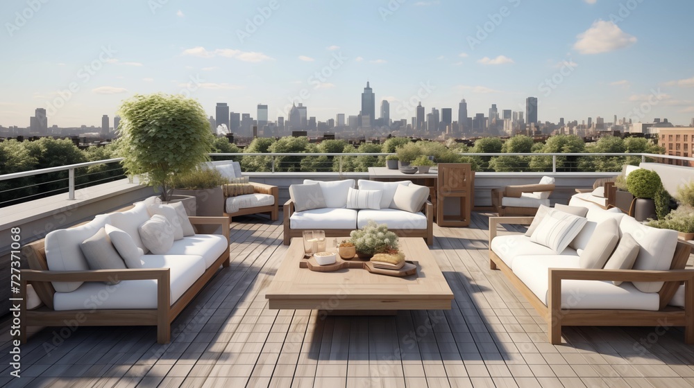Opt for modular and weather-resistant furniture, such as sectional sofas, lounge chairs, and a dining set, maximizing comfort and versatility in the rooftop oasisar