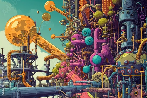 A realistic painting depicting various pipes in an industrial factory setting, A complex illustration of molecular machines at work, AI Generated