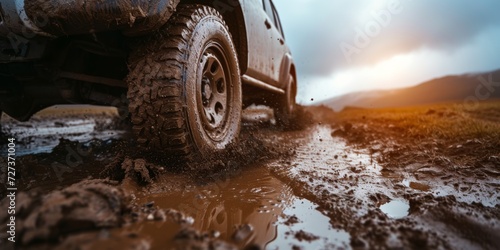 A Car Bravely Conquers Muddy Terrain During An Exciting Offroad Adventure. Сoncept Offroad Excursions, Mud-Splattered Adventure, Car Conquering Challenges, Thrilling Offroad Action