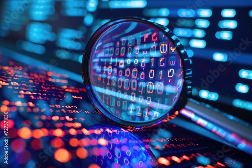 A magnifying glass sits atop a computer keyboard, enabling close examination of the keys, A computer under a magnifying glass with binary numbers symbolizing malware detection, AI Generated photo