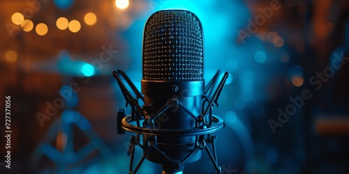 A Clear  Focused Studio Microphone With Blue Backlighting  Plenty Of Copy Space