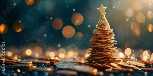 A Coinfilled Christmas Tree Represents The Holidays Expenses And Financial Planning. Сoncept Holiday Budgeting, Financial Planning Tips, Money-Saving Ideas, Holiday Expenses photo
