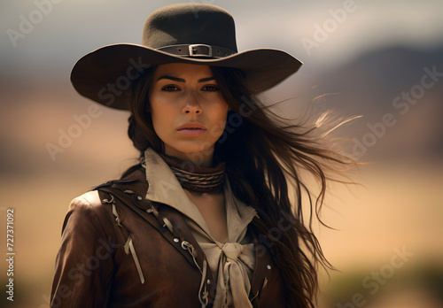 Portrait of a woman in the wild west in a cowboy outfit © toomi123