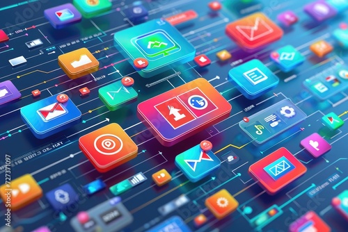 A collection of various vivid app icons arranged on a vibrant blue background, A concept of digital marketing strategy showing various platforms and channels, AI Generated