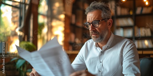A Focused Man With Glasses Reviews Important Documents, Reflecting Dedication To Work. Сoncept Professional Work Ethic, Detail-Oriented Review, Dedication To Excellence, Analyzing Important Documents photo