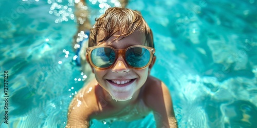 A Happy Boy Enjoying Summer With A Big Smile, Swimming And Wearing Cool Shades. Сoncept Summer Fun, Happy Boy, Big Smile, Swimming, Cool Shades