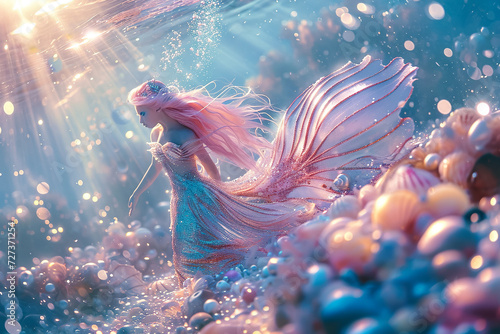 magical underwater world with mermaids and shimmering seashells
