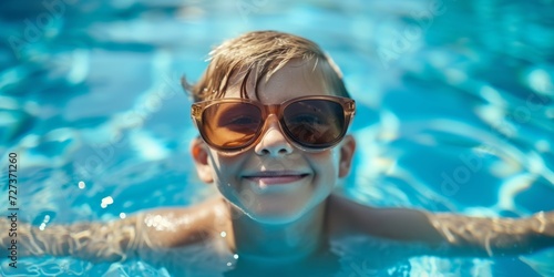 A Happy Boy Enjoying Summer With A Big Smile, Swimming And Wearing Cool Shades. Сoncept Summer Fun, Big Smile, Cool Shades, Swimming, Happy Boy