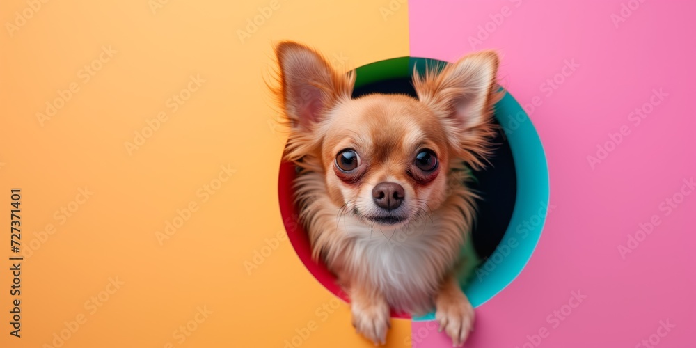 A Playful Chihuahua Emerges From A Colorful Hole On A Cheerful Pink Backdrop. Сoncept Pet Photography, Chihuahua Portraits, Colorful Props, Playful Poses, Joyful Backdrops