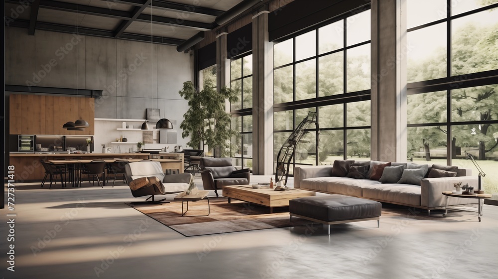 Opt for open-concept living with minimalistic furniture, concrete floors, and large industrial windowsar Opt for open-concept living with minimalistic furniture, concrete floors, and large industrial windowsar