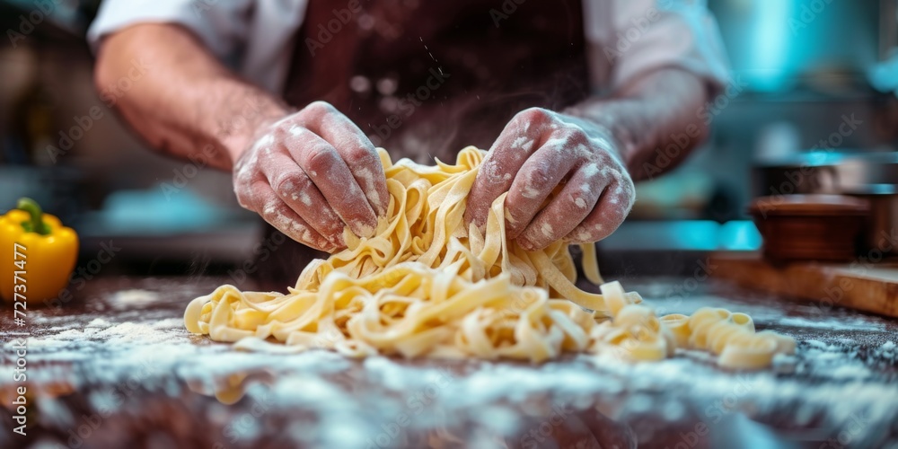 A Skilled Chef Expertly Prepares Tantalizing Tagliatelle Pasta From Scratch. Сoncept Pasta Making Tutorial, Homemade Italian Cuisine, Expert Chef Skills, Irresistible Tagliatelle, From Scratch Cooking