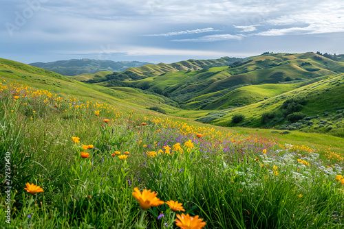 serene countryside scene with rolling hills and colorful wildflowers