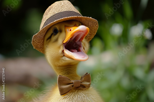 silly duck wearing a hat and a bow tie and quacking