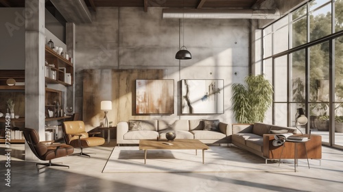 Opt for open-concept living with minimalistic furniture, concrete floors, and large industrial windowsar