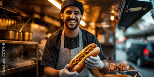 A Skilled Chef Preparing A Mouthwatering Hot Dog Inside A Classic Food Truck. Сoncept Gourmet Food Truck, Chef Cooking, Hot Dog, Mouthwatering, Classic Cuisine