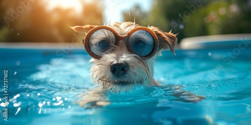 A Trendy Dog Wearing Goggles Enjoys A Swim On A Sunny Day. Сoncept Pet Fashion, Summer Fun, Water Activities, Stylish Accessories