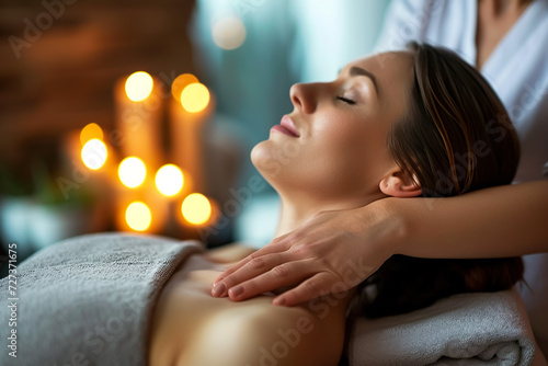 woman getting a massage  with a therapist working on her neck and shoulders