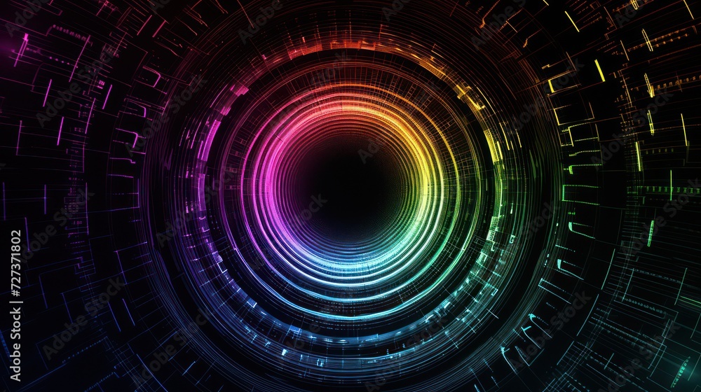 Vibrant neon wave lights on a circular soundwave background, futuristic RGB wallpaper.
Vibrant neon wave lights on a circular soundwave background, futuristic RGB wallpaper.