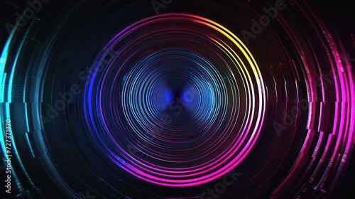 Vibrant neon wave lights on a circular soundwave background, futuristic RGB wallpaper. 