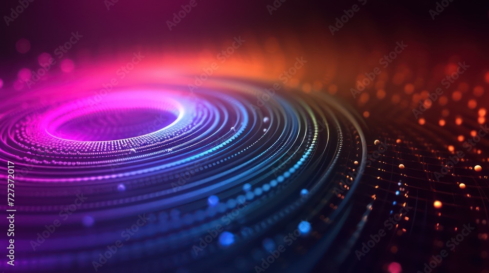 Obraz premium Vibrant neon wave lights on a circular soundwave background, futuristic RGB wallpaper.