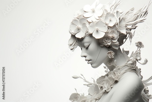 White statue of a beautiful woman with flowers in her hair on a white background, Ai Generated