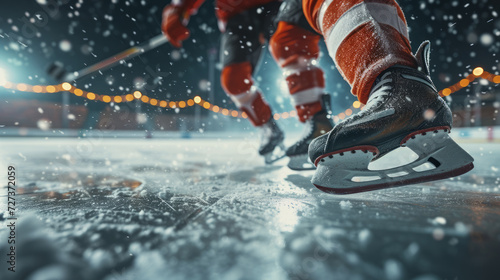 Hockey players legs wearing skates on ice rink of sport arena photo