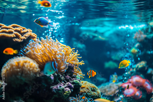 An underwater scene with colorful coral reefs and exotic fish swimming