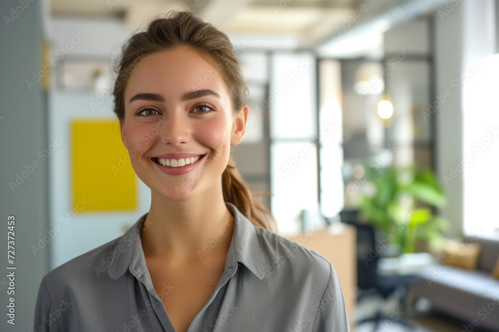 Fototapeta premium Radiant young professional woman in a gray shirt, smiling in a bright office environment.