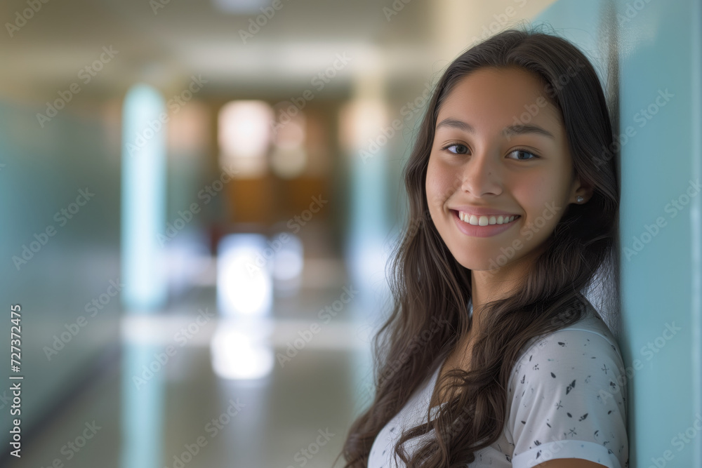 Radiant teenage girl with flowing hair and a captivating smile leans on a school corridor wall, her eyes sparkling with youthful curiosity.