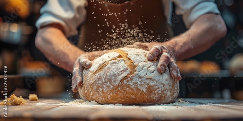 Baker Kneading Bread On A Wooden Table, Blending Tradition With Technology. Сoncept Food Photography, Artisan Baking, Mix Of Old And New, Culinary Creativity