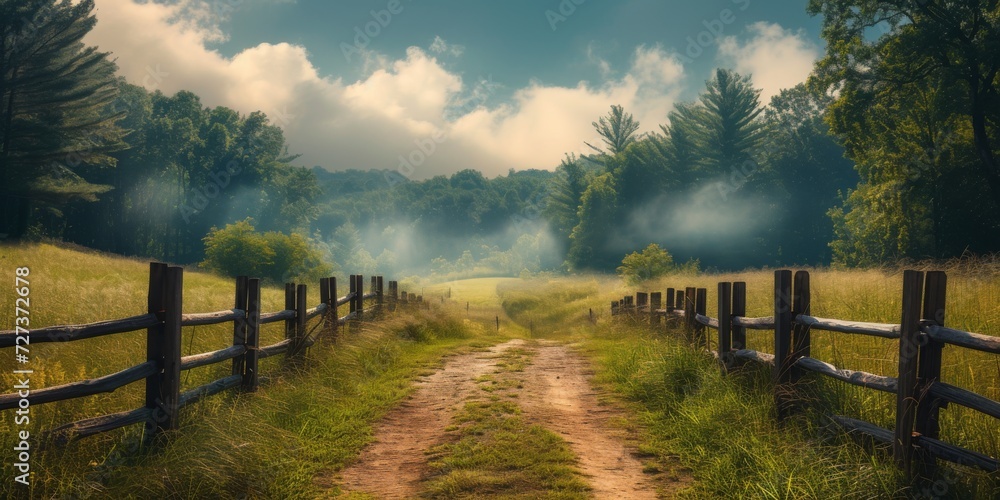 Charming Country Landscape Featuring A Vintage Wooden Fence And Rural Pathway. Сoncept Nature's Beauty Through Macro Photography, Dramatic City Skylines At Dusk, Serene Beach Sunsets