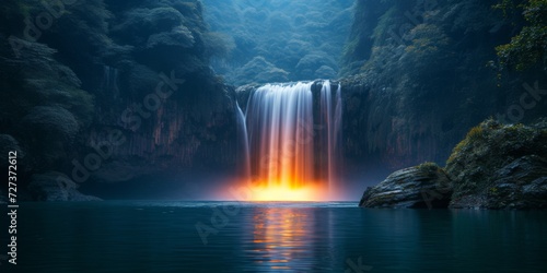 Captivating Photo Of Roaring Flames Next To Majestic Zhangj Waterfall.   oncept Fiery Waterfall  Nature s Fury  Breathtaking Power  Elemental Beauty