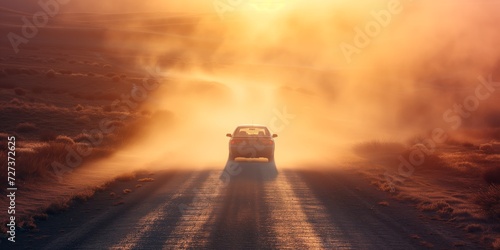 Car Drives Down A Dusty Road, Glowing In The First Light