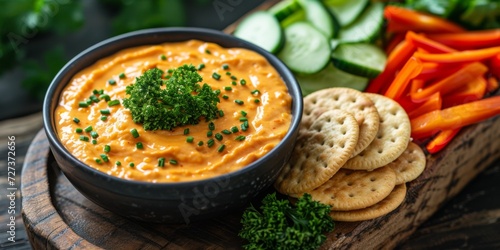Cheese Dip In A Bowl With Crackers And Veggies On A Wooden Table