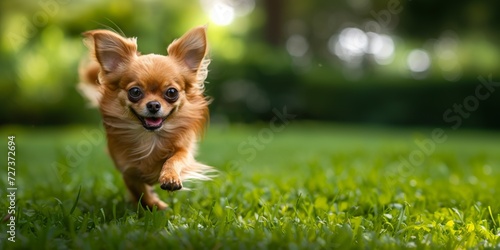 Chihuahua Dog With Long Brown Hair Dashing Across Lush Green Lawn. Сoncept Pet Photography, Chihuahua Portraits, Lively Animal Shots, Natural Backgrounds, Action Shots