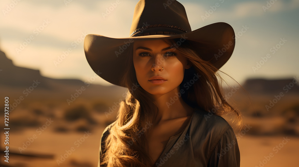 Portrait of a woman in the wild west in a cowboy outfit Portrait of a woman in the wild west in a cowboy outfit