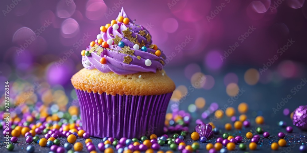 Colorful Cupcake Celebrating Mardi Gras With Vibrant Decorations And Festive Flair. Сoncept Mardi Gras Cupcake, Vibrant Decorations, Festive Flair, Colorful Celebration